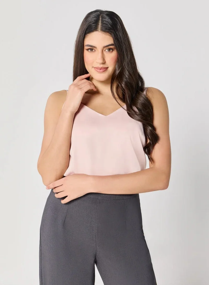 زجزاج بلوزة ساتان بياقة على شكل حرف  مع أشرطة - بيج